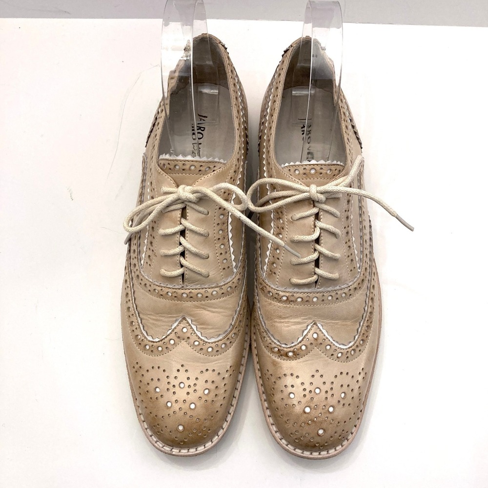 Jaro Vega Jupite Handmade Leather Wingtip Oxfords Womens 9M Cream‎ Beige Brogued